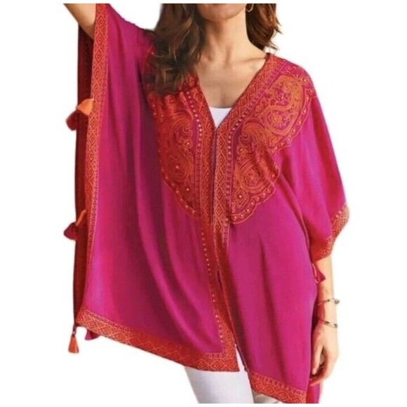 Soft Surroundings Blouse Womens S/M Magenta Embroidered Topper Kimono Catalpa - Picture 2 of 12